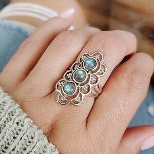 Women's 925 Sterling Silver Rainbow Labradorite Shield Natural Stone Ring